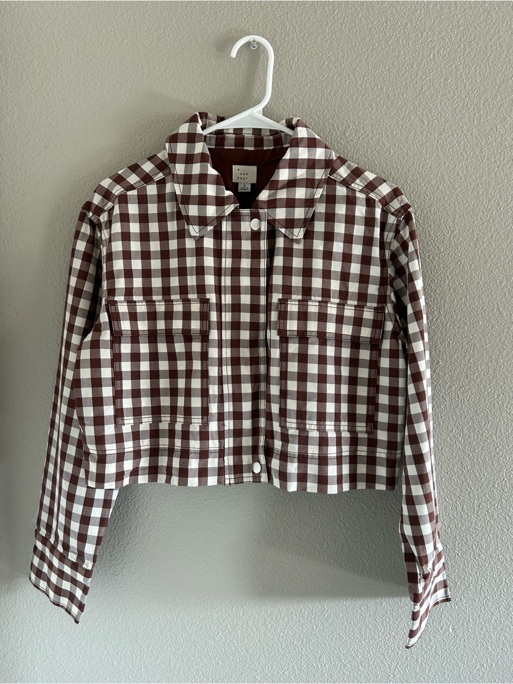 a new day Brown & White Gingham Cropped Jean Jacket